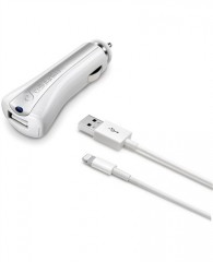 Autonabíječka CellularLine s USB výstupem + USB kabel Lightning, MFI, 1A, bílá